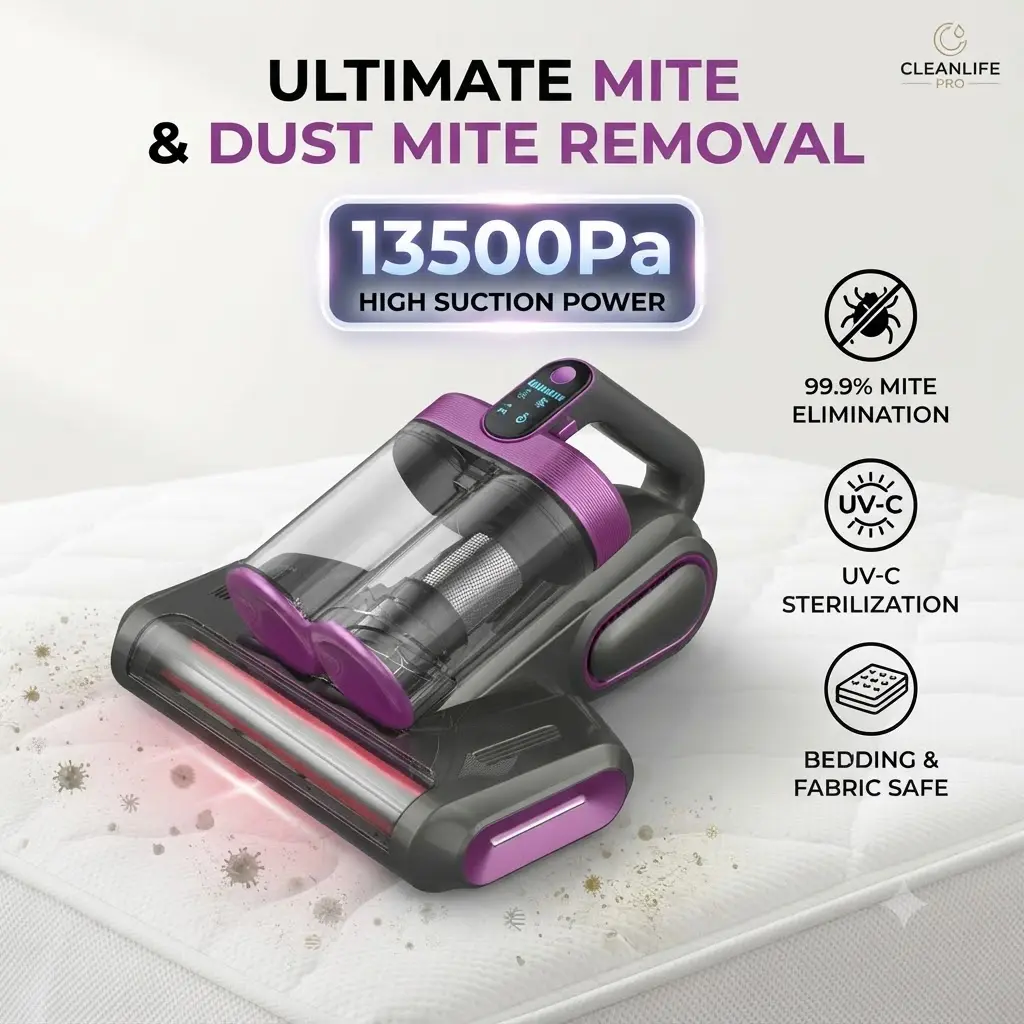 Wireless Handheld Mattress Vacuum Cleaner - Home Upholstery Tool with Powerful Suction, Dual Dust Collection, HEPA Filter, Ultrasonic Tech, UV Sanitize Lamp, Anti-Dust Mite, Bedding & Fabric Safe, Indoor