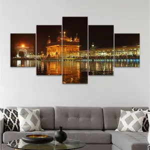 Night Golden Temple Architectural Pattern Canvas Unframed Painting, 5 Counts Modern Art Design Wall Art Poster, Wall Art Decor for Home Living Room Bedroom Office, Ornaments