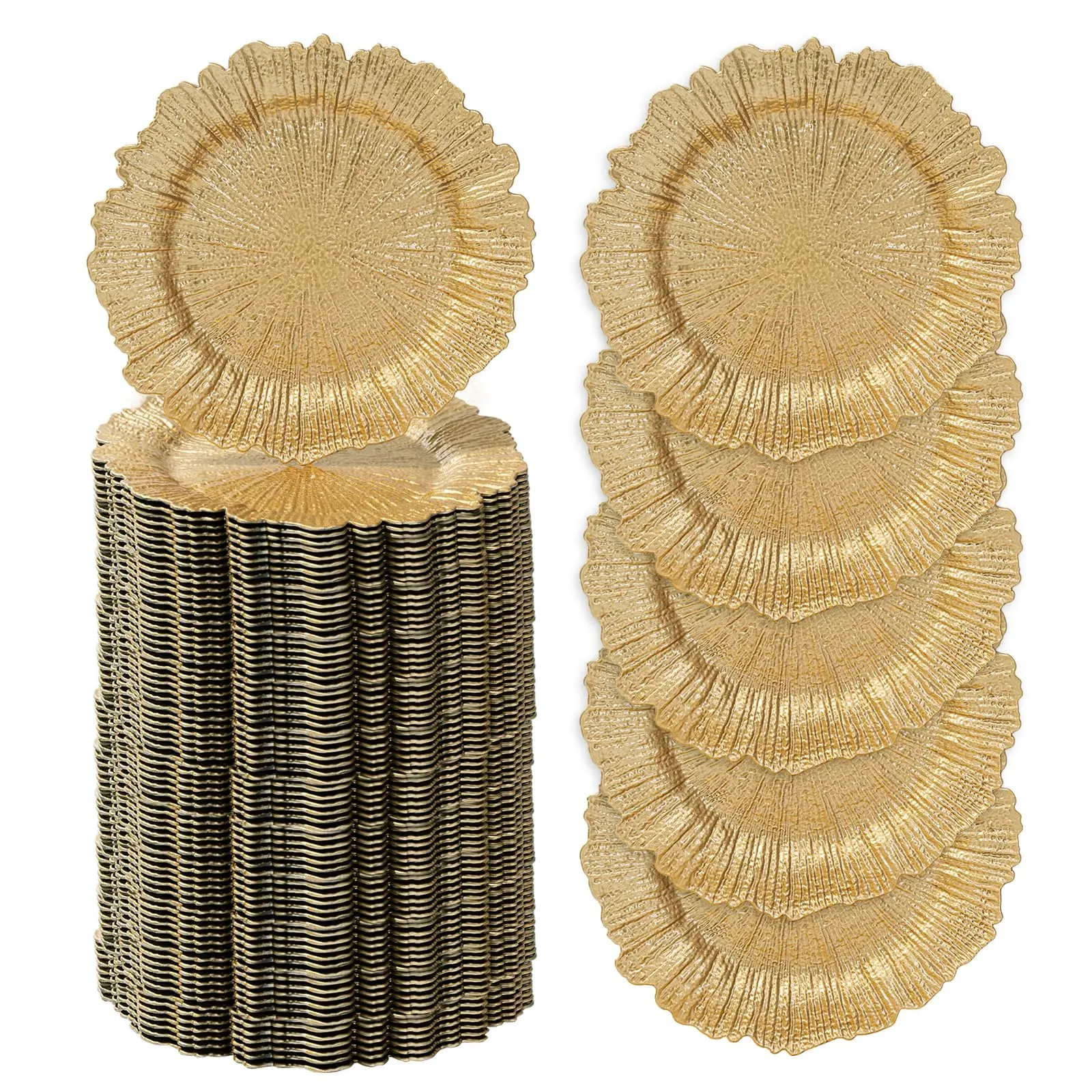 13" Gold Charger Plates Set of 100, Round Reef Plate Chargers Bulk | Gold Plate Chargers for Dinner Plates, Reef Charger Plates Bulk Wedding, Plastic Table Chargers for Party, Banquet, Christmas