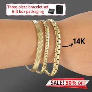 Three-piece 14K gold-plated bracelet set  Cuban chain Vintage Feel Stainless Steel Anti-Rust Technology Waterproof Sweatproof Perfect Christmas Gift for men and women Jewelry，Gift box packaging