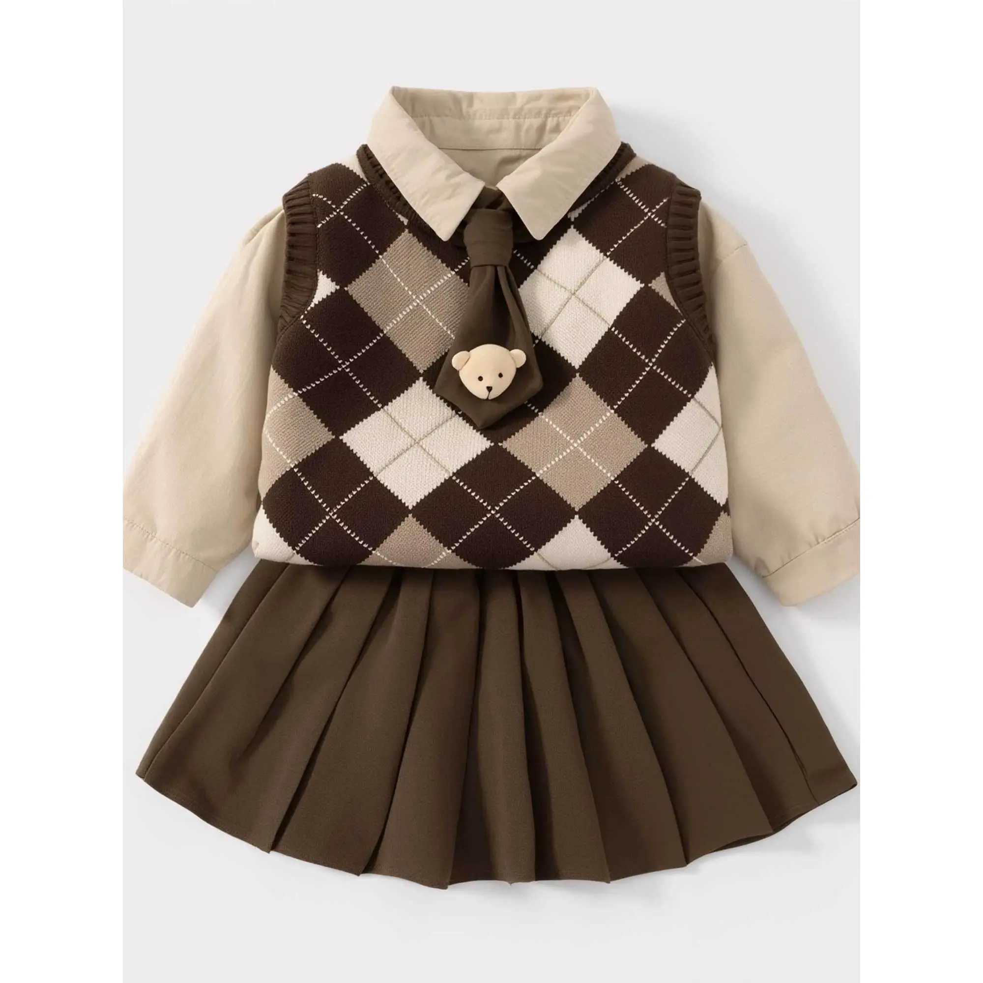 Spring and Autumn Girls' College Style Outfit Set: Girls' Diamond Knit Vest + Collared Shirt + Pleated Skirt Three-Piece Set, Children's JK Uniform