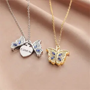 2 PCS-design butterfly pendants I love you necklace fashionable high sense simple neck chain couple
