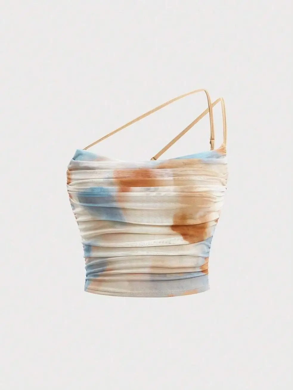 Tie Dye One Shoulder Ruched Mesh Top, Sexy Sleeveless Asymmetrical Crop Top For Party