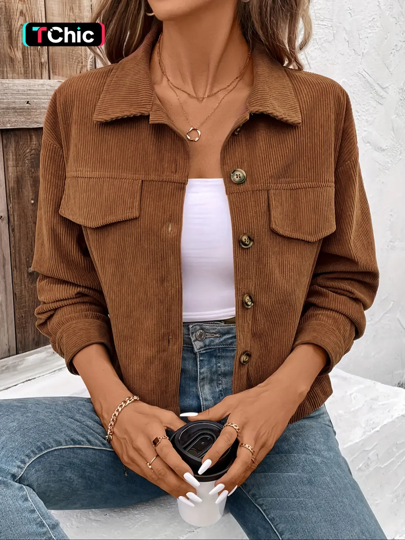 Women's Corduroy Jacket, Elegant Casual Fashionable Light Weight Long Sleeve Collared Button Front Outerwear Coats for All Seasons, Women's Top for Daily Wear, Womenswear, Lightweight Casual Coats