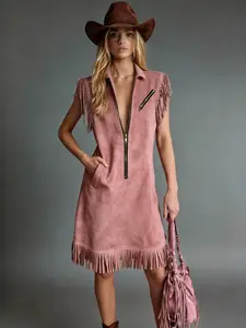 Women's Western Style Suede Fringe Dress, Turn-Down Collar Half Zip Slimming Short Sleeve Mini Skirt, Fashionable Summer