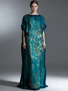 1 Dress+1 Scarf，Elegant Blue Plum Blossom Floral Scarf Shawl, Long Woven Fabric, Loose-Fitting All-Season Wear, Perfect for Vacation Style, Lady