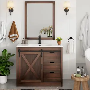 【2Packages Shipping】47.2 Inch/36 Inch/24 Inch Bathroom Vanity with Sink & Faucet & Mirror, Farmhouse Bathroom Vanity Cabinet Set with Sliding Barn Door & Drawers, Small Single Bath Storage Vanity Sink, Brown,White,Grey