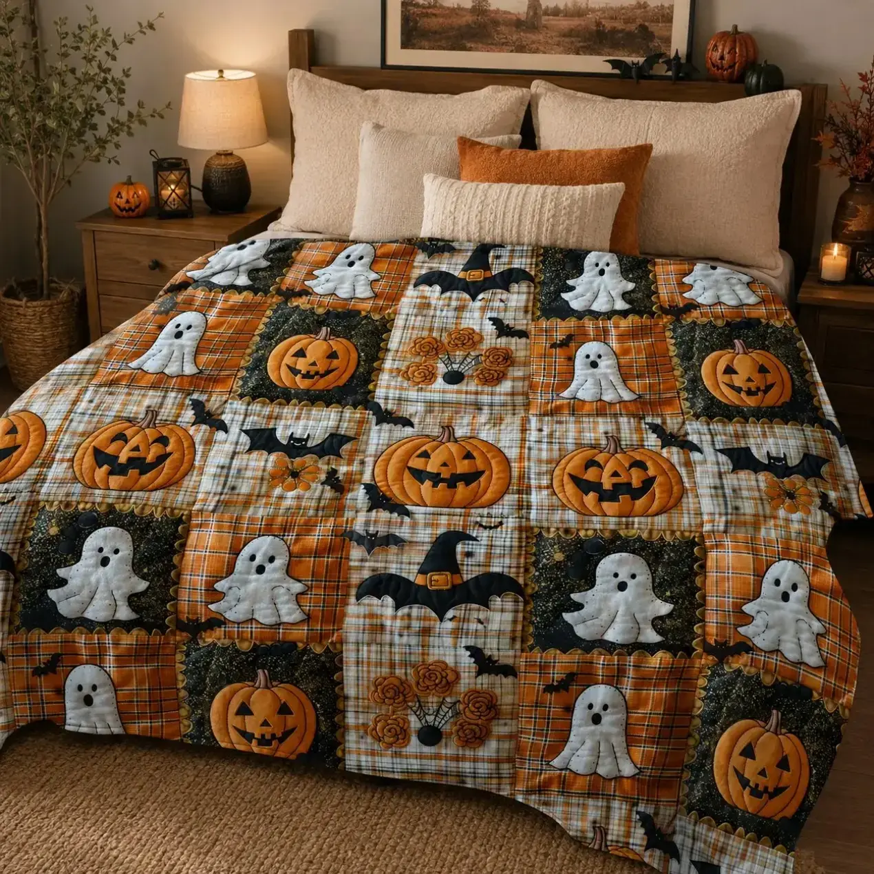 Halloween pumpkin ghost printed blanket, autumn flannel, throw, comfortable holiday decorations, perfect autumn checkered bedding, throw on sofa, sofa, adult aesthetic, autumn room decoration, ghostly, cute, super-fine wool, warm gift for friends