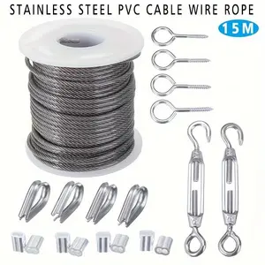 2mm 590.55inch Stainless Steel Wire Rope Cable Hooks Hanging Kit Set, Wire Rope Kit, Stainless Steel Clothesline, 590.55inch Portable Windproof Retractable Clothesline, Heavy Duty Laundry Rope, Adjustable Ropes