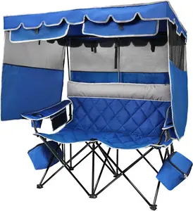 Slendor Double Camping Chair with Canopy, Oversized 2 Person Folding Chair with Shade, Camping Loveseat with 2 Detachable Coolers & Cup Holders, 1200D Oxford, Side Pocket, for Camping Lawn Patio, 660lbs Capacity