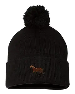 Horse Embroidered Knit Beanie Pom Cap