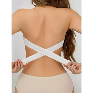 Wireless Boob Tube Top with Side Buckles, Sexy Strapless Nylon Knitted Fabric-Removable Padding, Cross Shoulder Strap Details, Solid Color Stretch Tube Top for Adults-Nylon 75%, Spandex 25%Gift