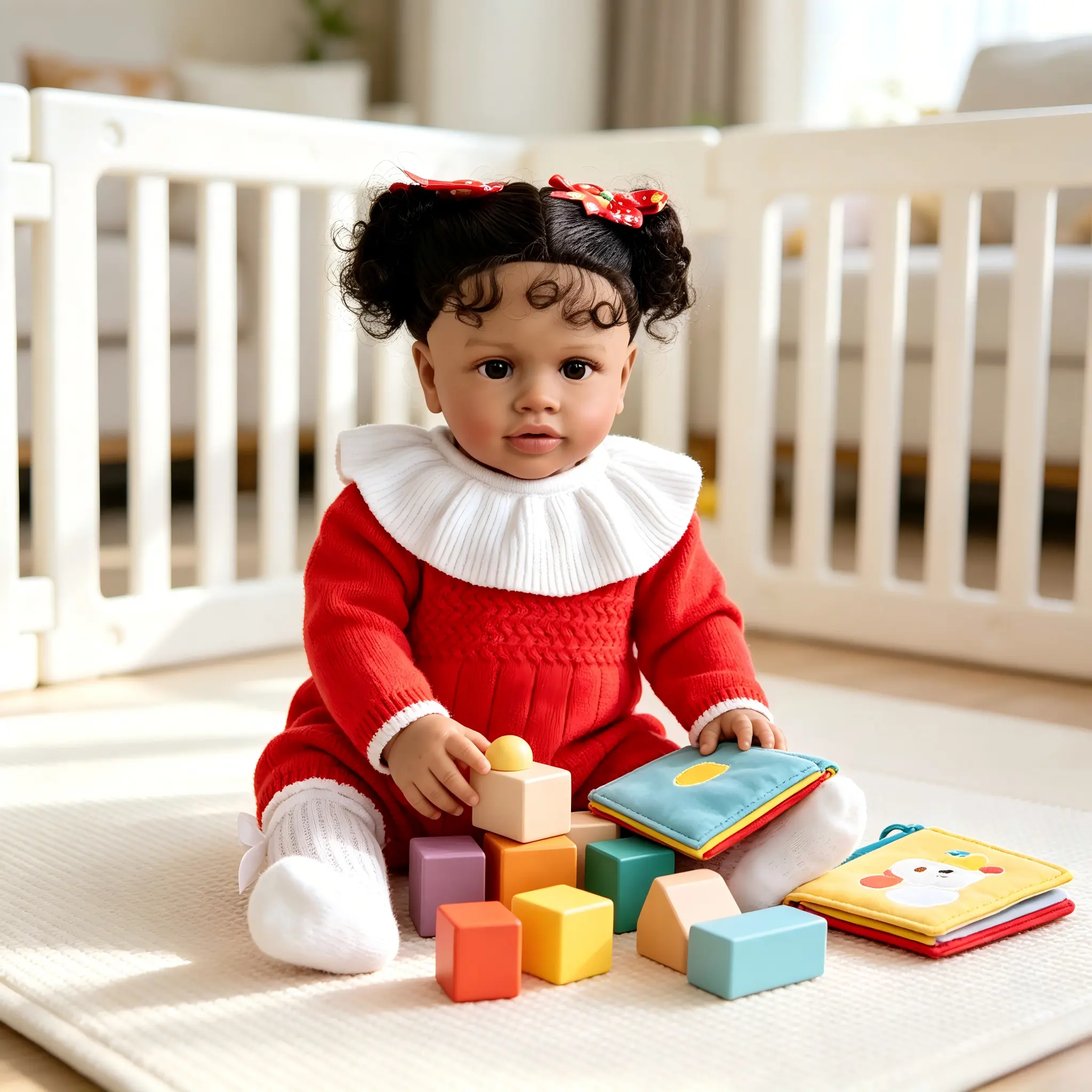 26 in Realistic Dark Skin African American Cuddly Doll - Pippa, Rooted Curly Hair, Brown Eyes, Blushed Cheeks, Pacifier, Feeding Set, Doll Outfit, Exclusive Christmas Attire, Unisex Gift for 4-6 Years Toddlers
