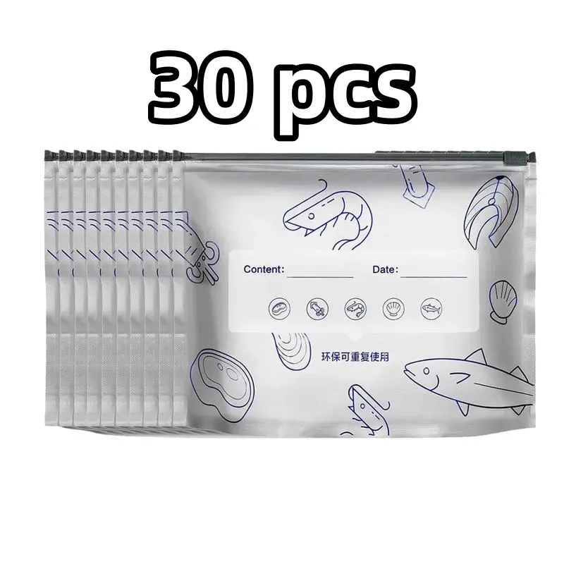 30 Pcs Multi-Size Stand-Up Thick Reusable Aluminum Foil Food Storage Bags - 10S+10M+10L, Heavy-Duty, Leakproof Zipper Pouches, Airtight, Tear-Resistant, Resealable, Insulated Kitchen Containers for Storage Organization, Camping, Outdoor Meat, 30 Pcs【10S+1