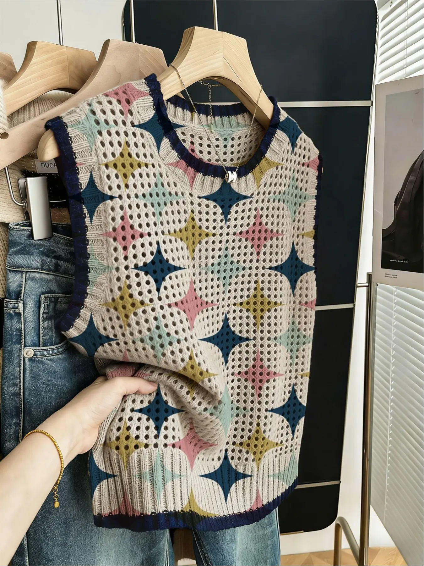 Spring/Summer vacation boho, Geometric style, casual loose crew neck sleeveless hollow-out with contrast trim, khaki four-pointed star print women's knitted top, summer bikini cover-up, knitted c