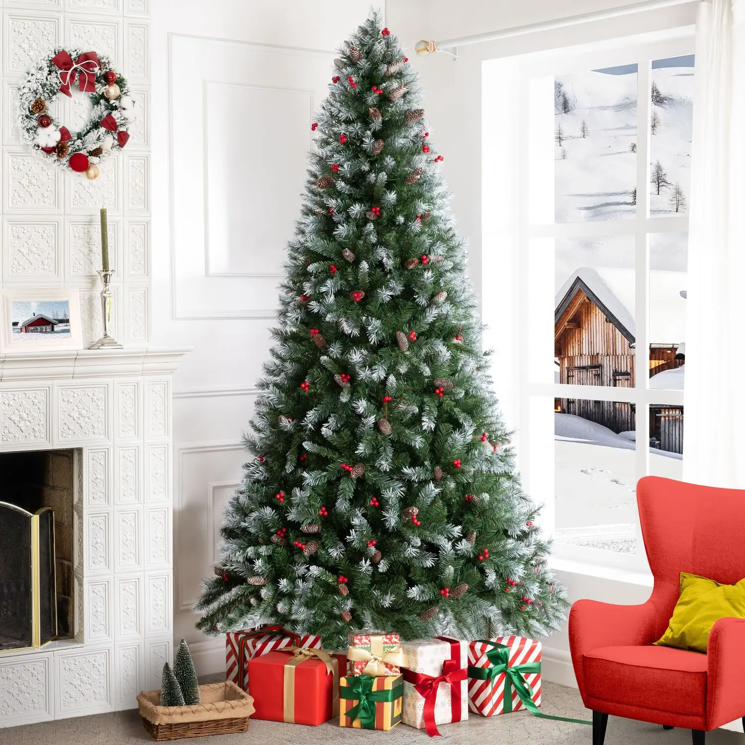 Classic 7.5ft Frosted Prelit Artificial Christmas Tree - 53in Wide Realistic Spruce with 1346 Branch Tips, 550 Warm Lights, Pine Cones, Faux Berries, Foot Pedal, Sturdy Metal Stand, Holiday Decoration Ornaments & Topper Compatibility