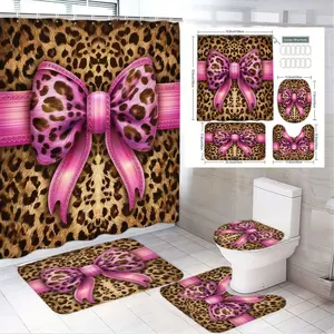 1/4pcs Leopard Print with Pink Accents Bathroom Set, Bathroom Accessory, Shower Essentials, Shower Curtain Sets, 2 Bath Mats, Toilet Seat Cover, Shower Curtain Hooks - Ideal for Spring Decor, Mother's Day
