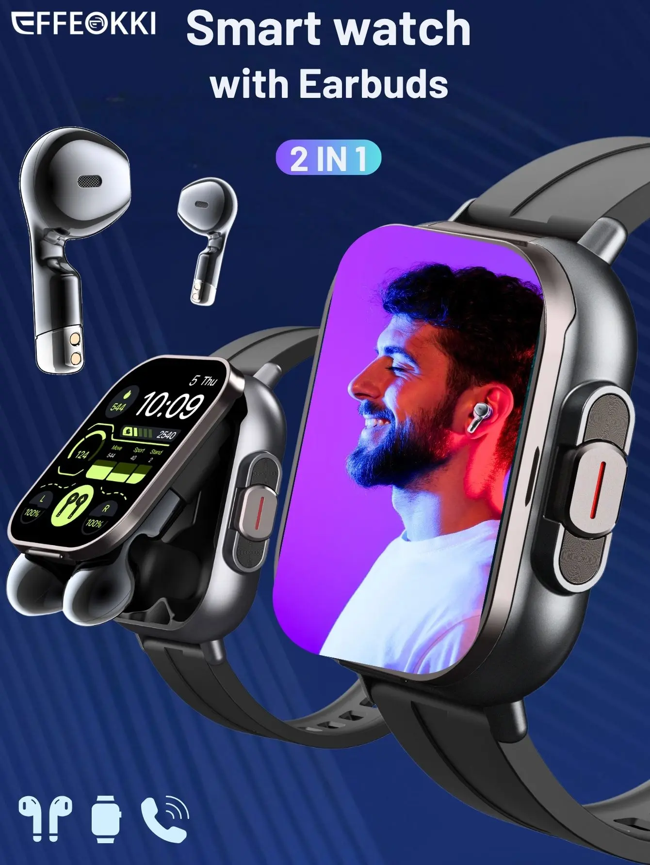 2-In-1 Portable Plastic Smartwatch with Built-in Earbuds, 2-Inch Display, Wireless Call, NFC, Pedometer, Fitness Tracker, Camera, Batteries, Not Water Resistant, Compatible with iPhone & Android Smartphone, Black Wearable Father's Day Gift, Music