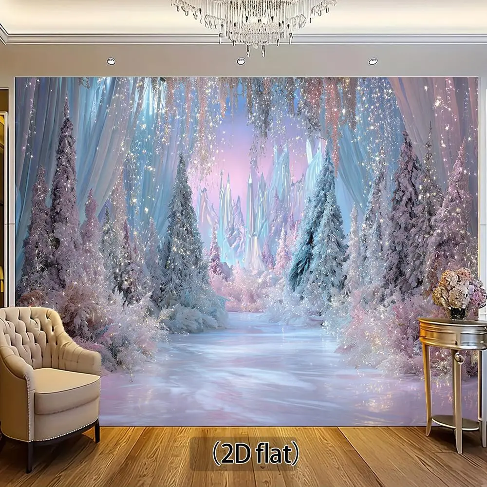 1PC Frozen-Themed Polyester Backdrop Banner, 2D Flat Pink-Blue Forest Castle Cloth, Reusable Wall Hanging for Kids' Birthday Party & Celebration Shooting Decor (Home & Festive Party Supplies)