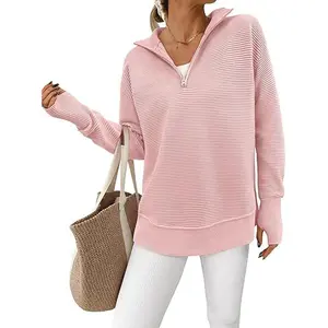 PRETTYGARDEN Women's Long Sleeve Quarter Zip Pullover Sweater Casual Loose V Neck Collared Ribbed Knit Jumper Tops Thumb Hole Cozy Ribbed Knit Soft Warm Trendy Colors for Every Season