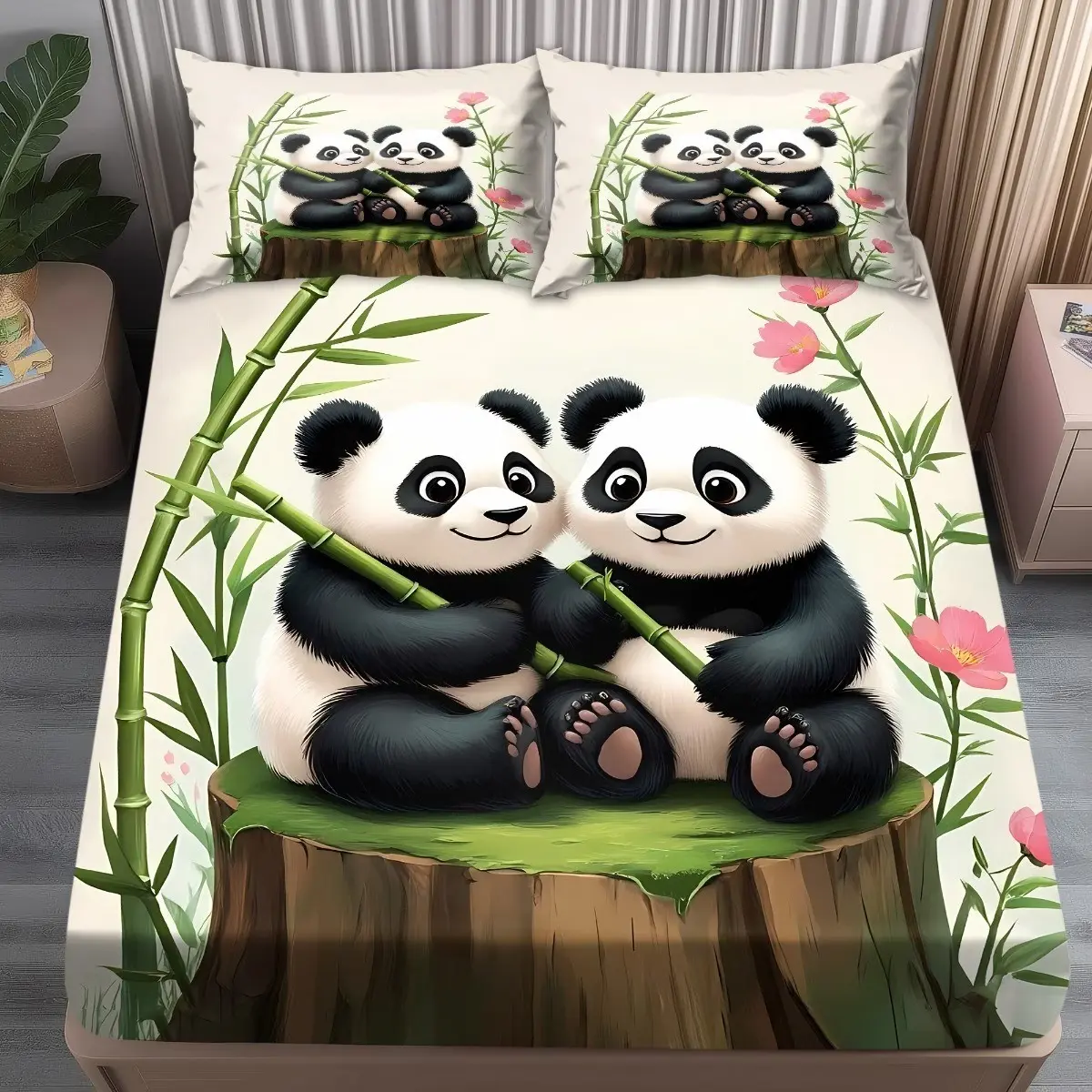 Cute Panda Tree Stump Bedding Sheets, Bedding Sets, Fitted Sheet + Pillowcases, No Pillow Inserts, for Panda Lovers, Kids' Rooms, Themed Homestays
