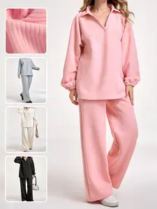 Cozy 2 Piece Jacquard Loungewear Set for Women Oversized V Neck Top & Wide Leg Pants Casual Comfy Sweatsuit for Daily Wear