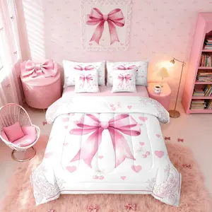 Pink Bowknot 7 Piece Comforter Bed Set,Bow Bedding Set,Kids Girls Women Butterfly Knot Bow Tie Bed Bag with Sheets,Love Heart Coquette Bed Set,All Bed Set