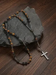 Fashion Retro 8mm Natural Tiger Eye Bead Hematite Cross Pendant Necklace, Unisex Rosary Religious Prayer Jewelry Beaded Necklace
