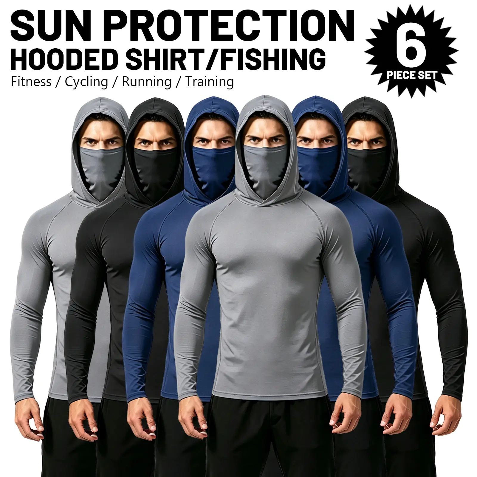 6 Pack Men UPF Sun Protection Compression Hooded Shirts, Quick Dry Breathable Long Sleeve Athletic Tops with Attached Face Mask, Lightweight Cooling Performance Activewear for Fishing Construction Outdoor Work