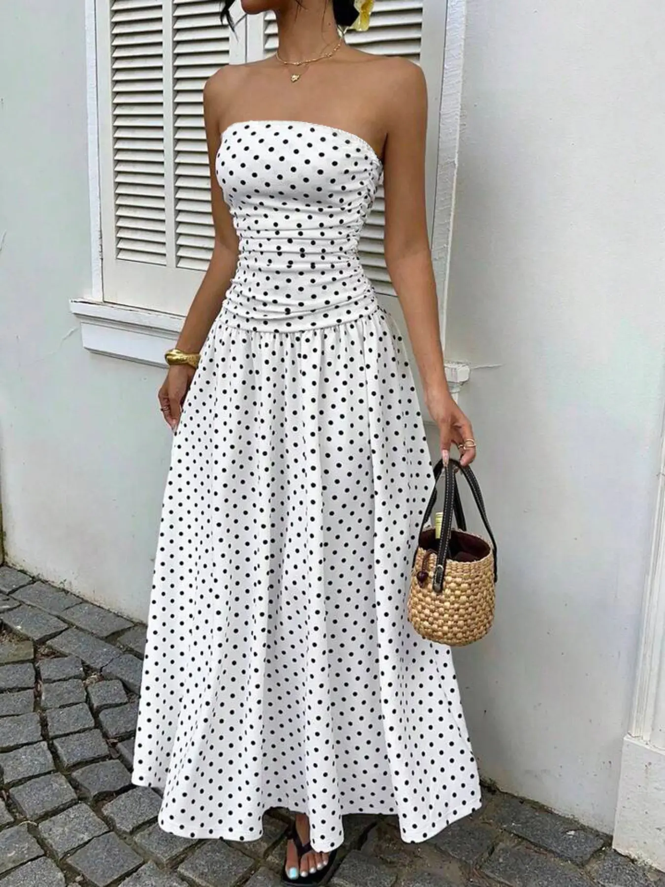 Plus Size Women's Polka Dot Bustier Dress, Waist Cinched A-Line Long Dress, Elegant and Stylish Evening Wear, Womenswear, Lady, Elegant Fashion Dress