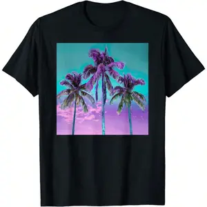 New[100% Cotton] Men'S T-Shirt Short Sleeve T-Shirt For Men Palm Tree Tropical Teal Turquoise Purple T-Shirt Soft Fabric, Breathable, Comfortable Short Sleeve T-Shirts Perfect For Summer Cotton Hem Golf Gift T-Shirt For Men And Women