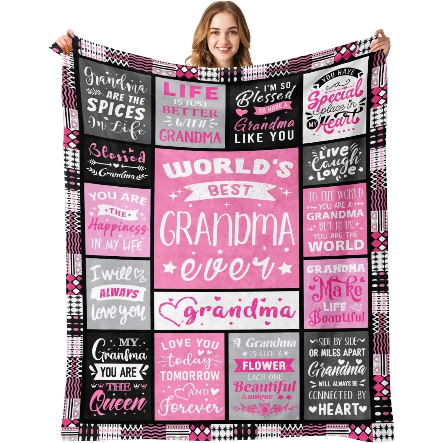 Grandma Throw Blanket - 100% Polyester, Wrinkle Resistant, 1-Sided Print with Plain White Back, 30*40 in & 60x80 in Options, Traditional Christmas & Grandma's Birthday Gifts from Grandchildren