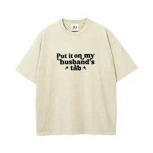 Vintage Acid Wash Oversized T-Shirt, "Put It On My Husband's Tab" Retro Graphic Tee, 100% Cotton Heavyweight Streetwear, Distressed Mineral Wash Loose Fit Top for Women