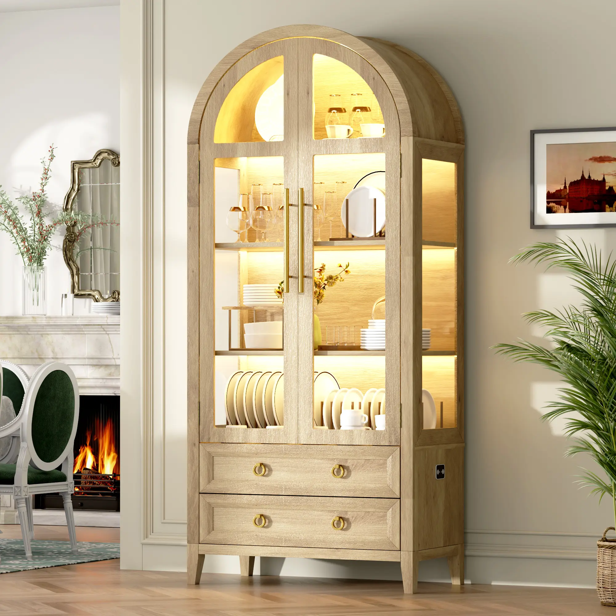 Lvifur 71" Arched Curio Cabinet with Glass Doors, 4-Shelves Display Cabinet and 2 Drawers, Display Case with 3 Color Lights, Tall Bookcase, Kitchen Pantry