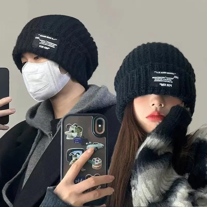 Men's wool hat with large head circumference autumn and winter trend warm versatile face small loose knitted hat with headband cold hat