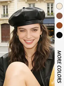 1PC ladies' vintage faux leather Beret hat, a classic French elegant artist-style hat, available in multiple colors, suitable for daily shopping and photo-taking outfits, suitable for daily commuting, outings, and parties