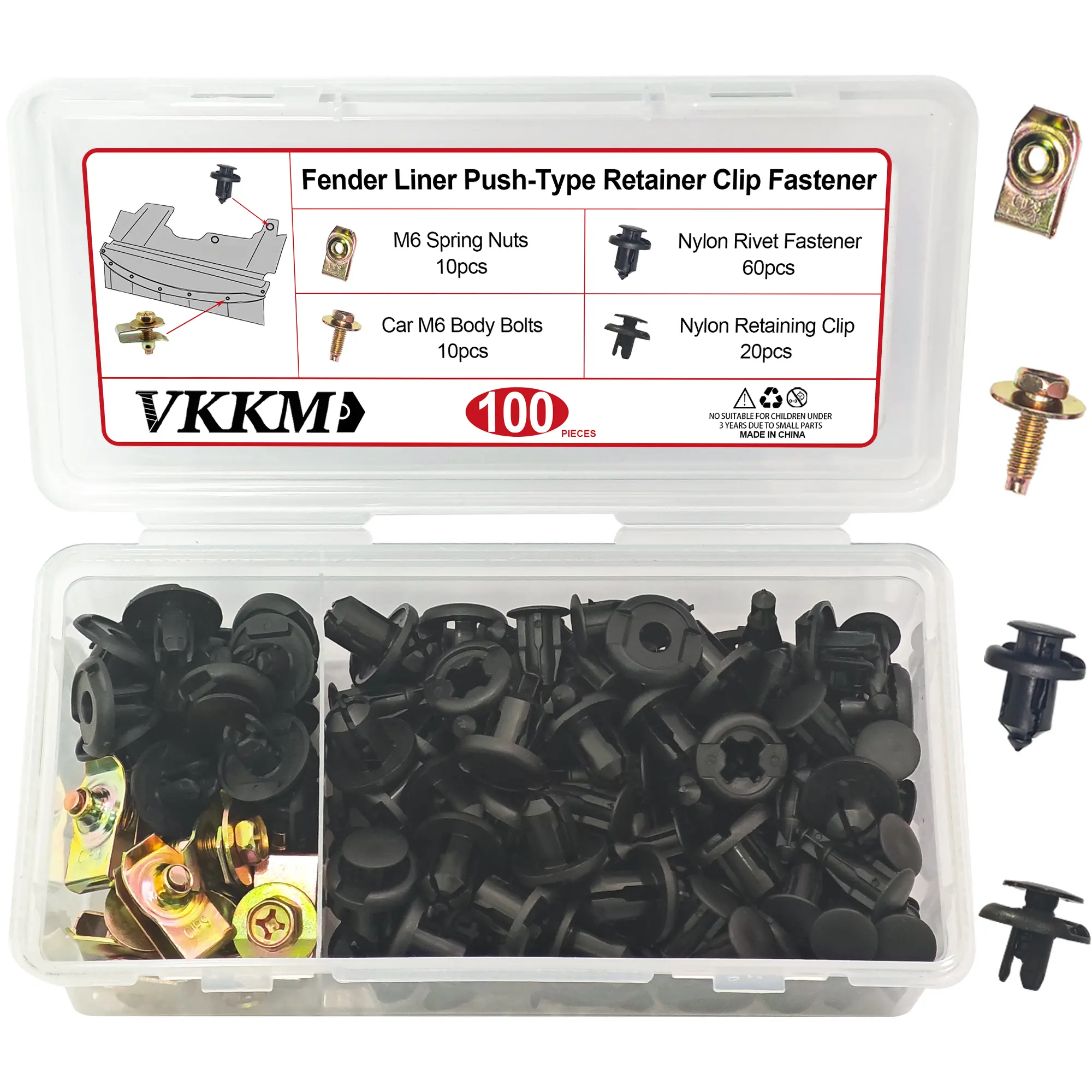VKKM 100Pcs Car Fender Liner Fastener Assortment, Nylon Push Retainer Clips + M6 Body Bolts + U-Type Spring Nuts, OEM Replace B45A-56-146A / 90118-WB048 for Toyota Scion Automotive Bumper, Splash Shield & Trim Panel Repair