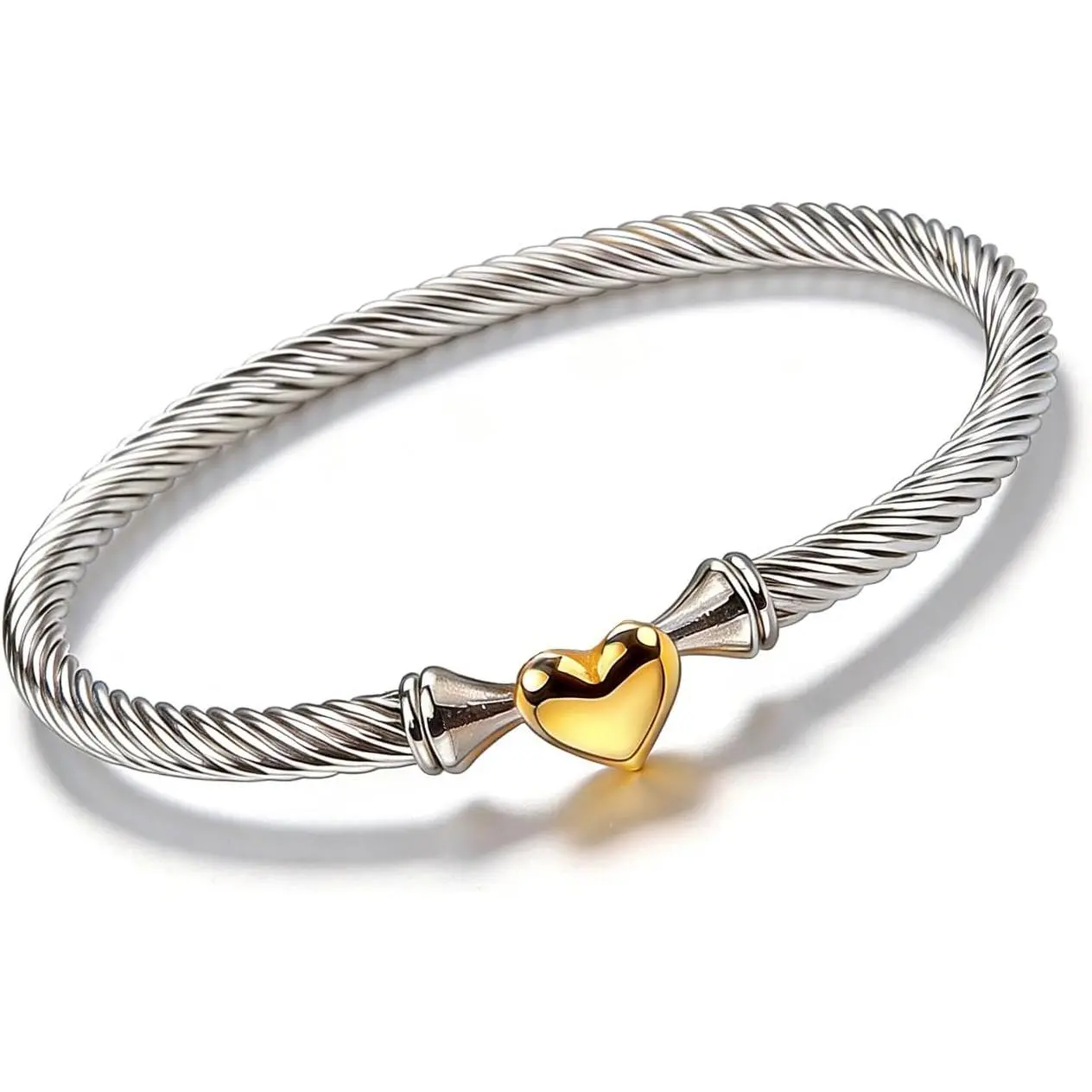 Women's 5mm Stainless Steel Twisted Cable Bangle - Gold Aesthetic, Gold and Silver Bracelets & Bangles, 2.32" Inner Diameter/59mm, Hook Clasp, Designer Brand Inspired, Bracelet Stacking, Valentine's Day Gift, Silver And Gold, Chain Jewelry Bracelets & Ban
