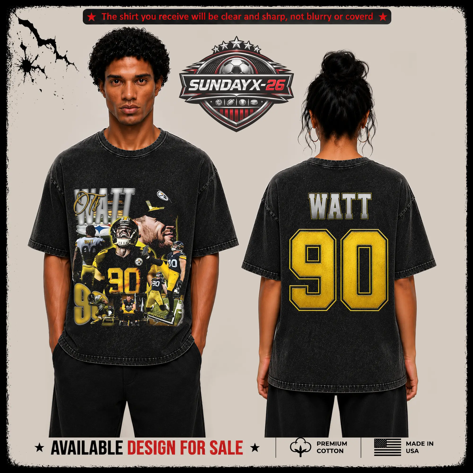 [X-26] T.J.Watt 90 Graphic Premium Acid Washed T-Shirt, Steelers Fans Fits High Quality 100% Cotton Shirt, Steelers Nation Outfit, Gift for Football Fans, Boyfriend
