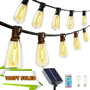 Solar energyLED Outdoor String Lights 100FT Patio Lights with 52 Shatterproof ST38 Vintage Edison Bulbs, Outside Hanging Light Waterproof for Porch, Deck, Garden, Backyard, Balcony, Dimmable 2700K