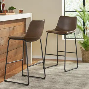 Set of 2 30" Cedric Faux Leather Barstools Vintage Brown Counter Height Bar Stools for Kitchen Island Living Room Home Bar Furniture with Footrest, PU Leather Upholstered Seat, Metal Legs, Easy Assembly, Home Furniture and Household Product