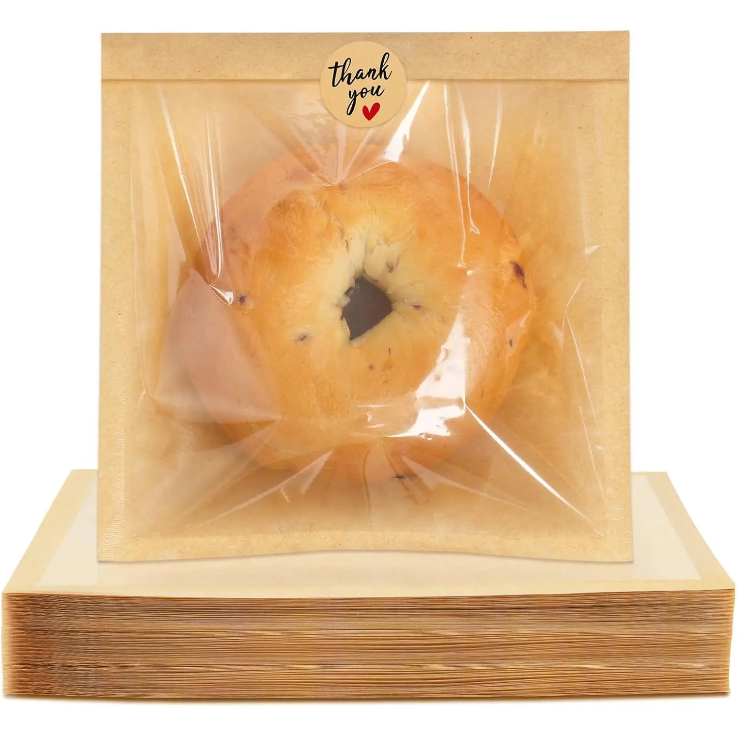 100 Pack Heat Sealable Bakery Bags with Window, 7.1x7.5 Inch  Paper Cookie Bags with Seal Bake Sale Packaging Sleeves for Bagel, Sandwich, Cake Slice, Pastry, Donut