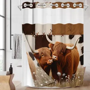 1pc hookless shower curtain with buckle lining, brown and white patchwork design with 2D printing, waterproof fabric lining, see-through double-layer shower curtain, 71 x 74 inches, Waterproof bathroom curtain