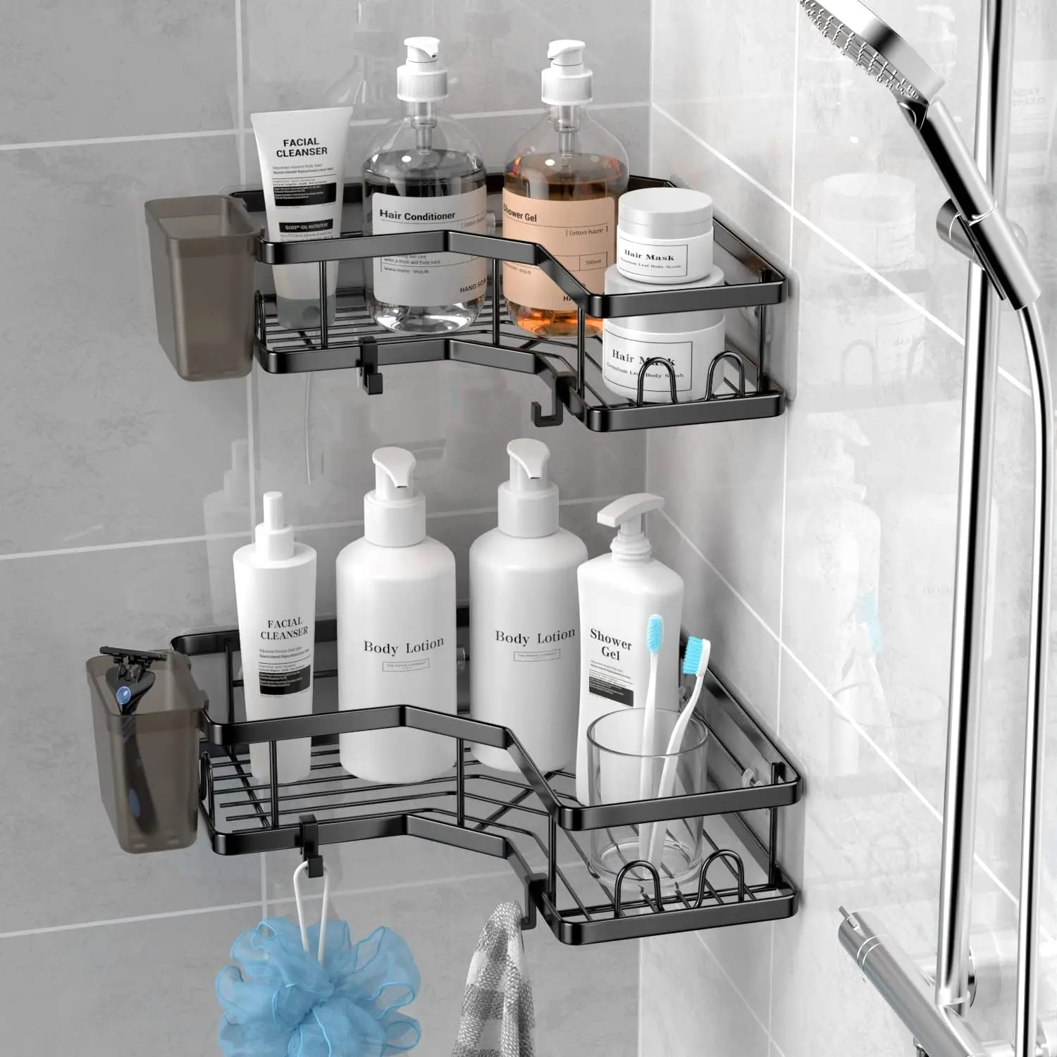 Corner Shower Caddy, 2-Pack Shower Organizer Corner with Soap Holder and 4 Removable Hooks, Rustproof Corner Shower Shelves, No Drilling Shower Shelf for Inside Shower, Jabukosu