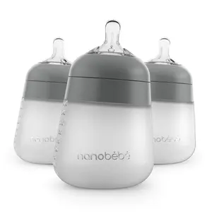 Nanobebe Flexy Silicone Baby Bottle, Anti-Colic, Natural Feel, Non-Collapsing Nipple, Non-Tip Stable Base, Easy to Clean, 3-Pack, Gray, 9oz