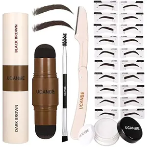 UCANBE 25PCS Eyebrow Stamp Stencil Kit, featuring a Dual-Color Eyebrow Stamp Pomade, 20 Reusable Stencils, Finishing Powder, Brush, Eyebrow Razor, all housed in a Waterproof Zipper Pouch.