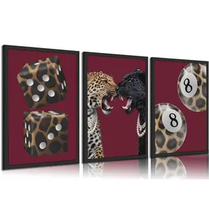3pcs/set Frameless Red Leopard Printed Wall Art Set of 3|Cheetah Animal Printables|8 Ball Dorm Room Decor|Digital Download Modern Boho Home Art Aesthetic