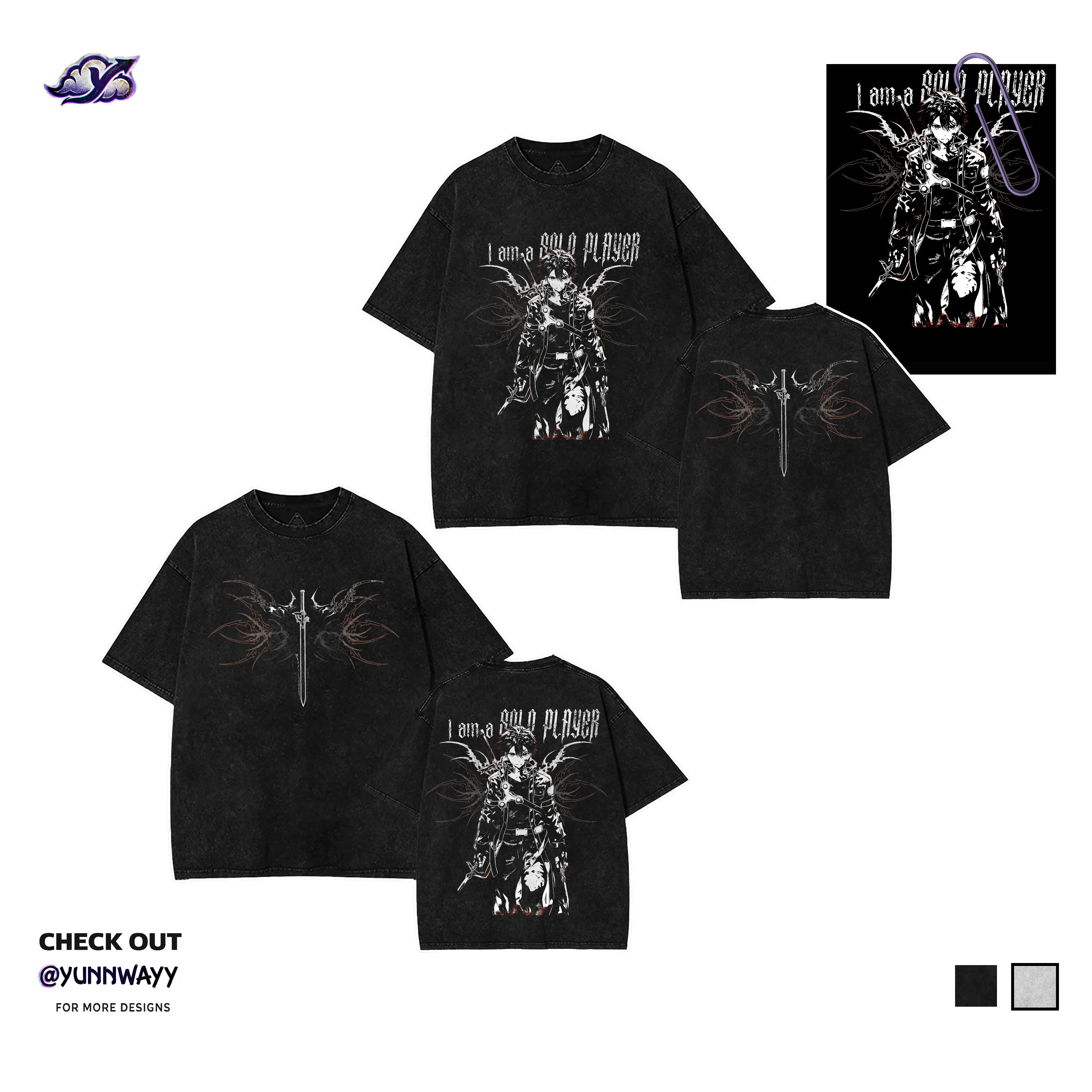 Kirito x Gothic Acid Wash T-Shirt for Men, Vintage Anime Graphic Print, Heavyweight 230gsm Cotton Short Sleeve Round Neck Streetwear