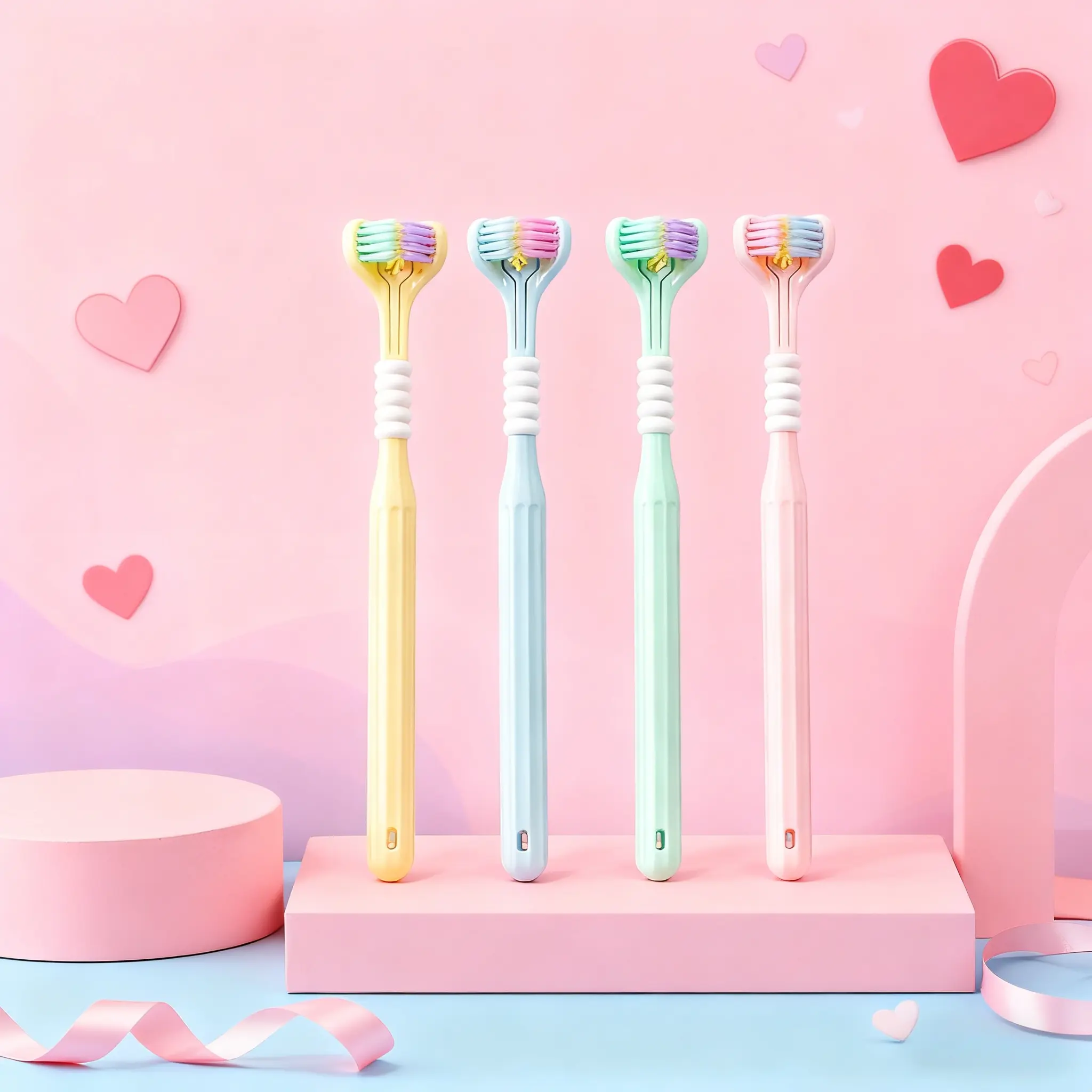 Couple's 3D Multi-Angle Toothbrush Set, Romantic Design, Deep Plaque Clean, Teeth Plaque Remover, Fresh Breath, Tongue Scraper, Gentle Bristles, Soft Toothbrush, Multiple Colors, Toothbrush Kit, Toothbrushes Soft