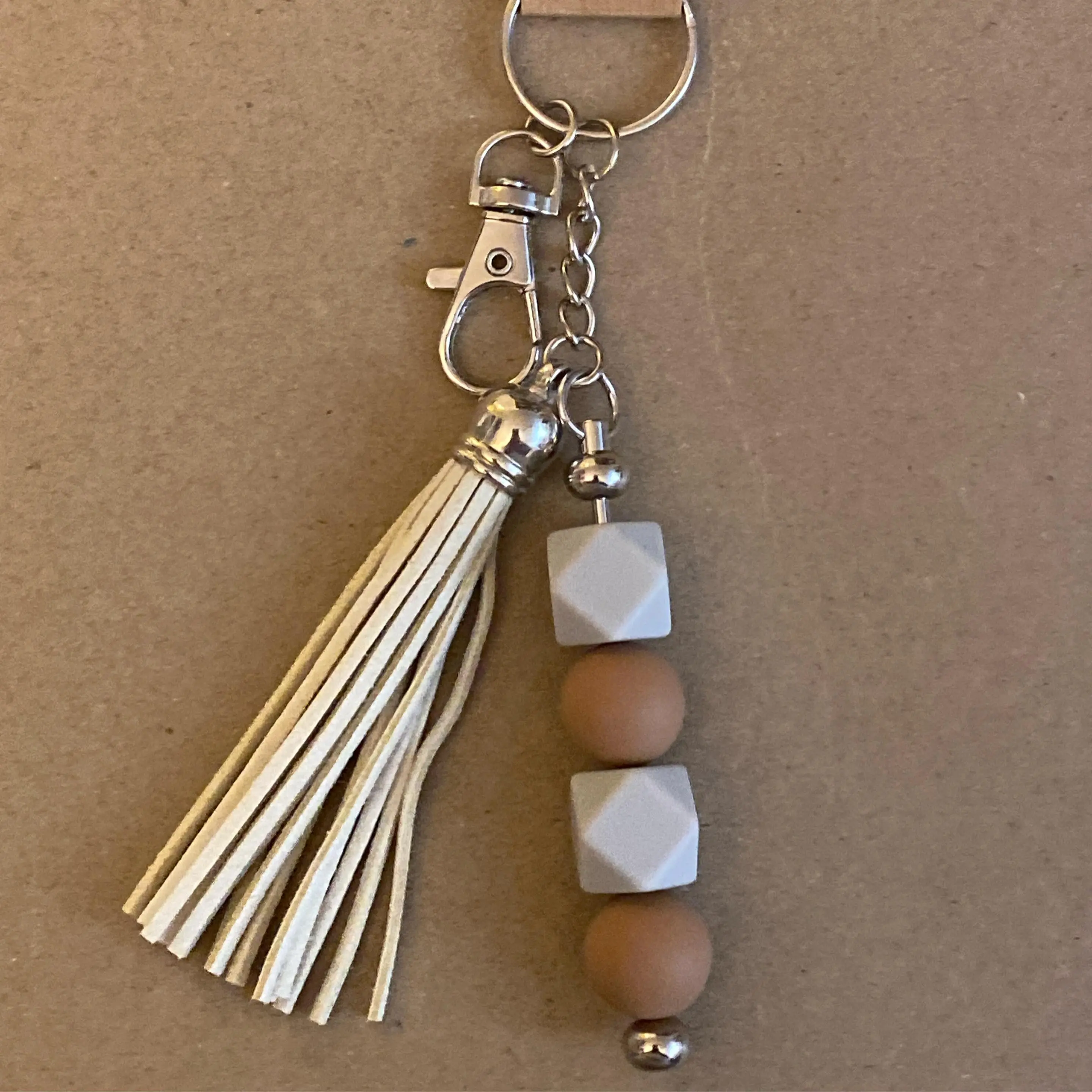 Tasseled Keychain, Beige Tassel, Grey and Brown Beads